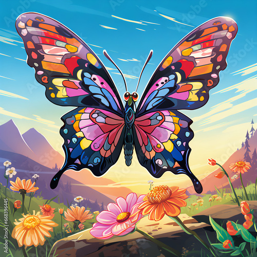 Vibrant Gouache Illustration of a Charming Butterfly in Comic Book Style - Concept Art
