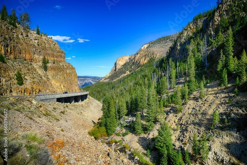 driving on a road in Yellowstone National Park, Wyoming
