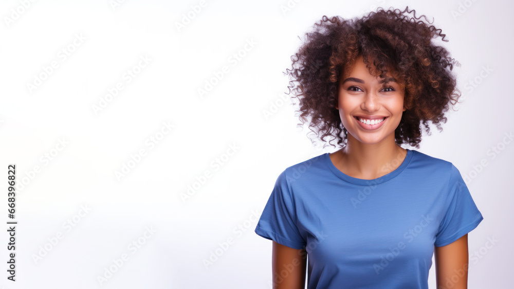 Afro american woman wearing blue t-shirt isolated on gray background