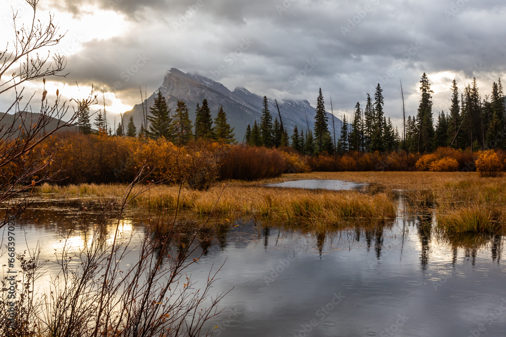 Beautiful autumn landscape. Vermilion Lake under rain, Banff National Park in Alberta, Canada Beautiful autumn landscape. Vermilion Lake under rain, Banff National Park in Alberta, Canada
