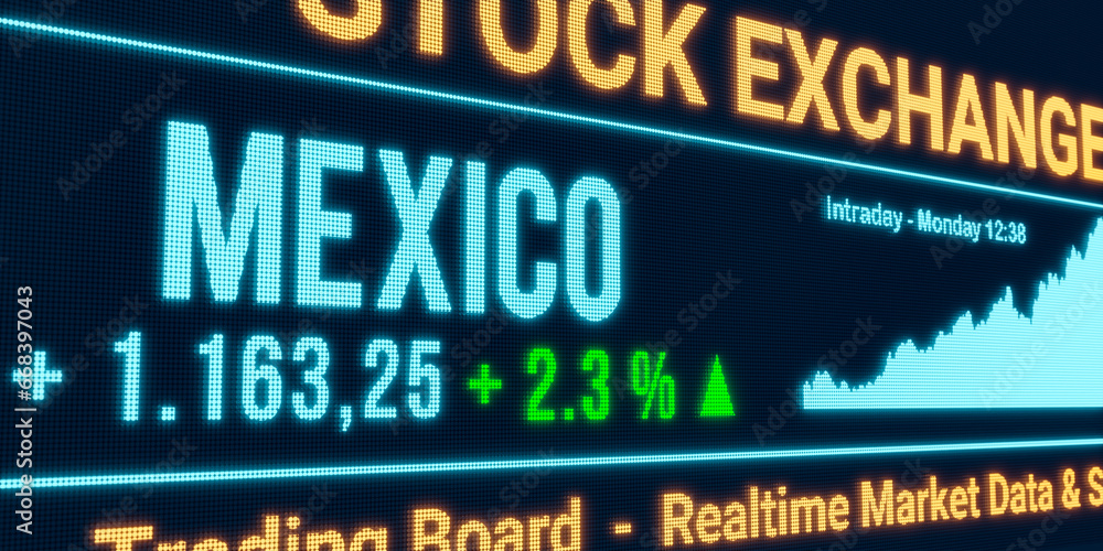 Mexico, stock market moving up. Positive stock exchange data, rising chart on the screen. Green percentage sign, profit and investment. 3D illustration