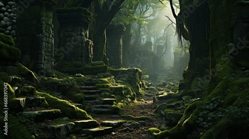 an enchanting forest clearing with ancient  moss-covered stones  creating an atmosphere of timeless mystique