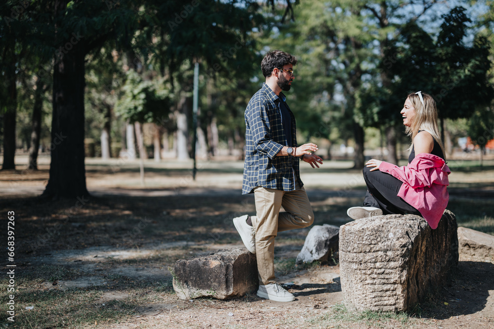 Fototapeta premium Cheerful friends enjoy carefree conversation in a sunny city park. Surrounded by nature, they have fun, relax, and add positive energy to their leisure time.