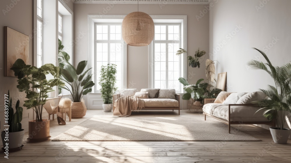 Interior of light living room with sofas and Monstera houseplant. Real estate concept. Interior with plants. Interior of light living room with sofas and Monstera houseplant. Real estate concept. Interior with plants.