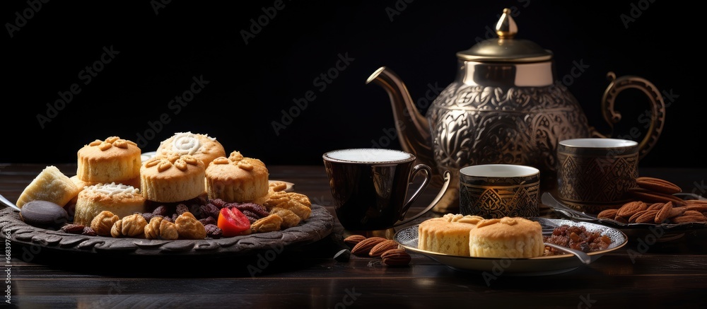 Eastern style coffee arrangement featuring local pastries and treats