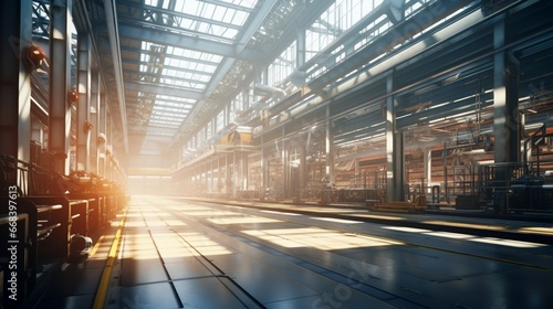 an expansive industrial facility with rows of aluminum extrusions, bathed in the natural light streaming through large factory windows