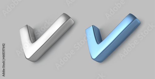 Checkbox Icon. Silver and Blue metallic check option for poll graphic symbol. Ok mark design element. Realistic icon. Vote elections. Completed task. Isolated on white background. Vector illustration.