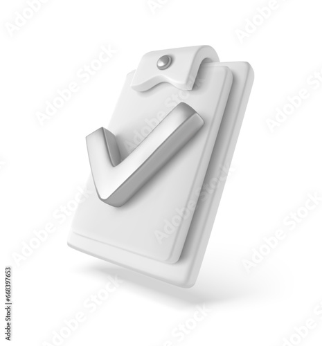 White Tablet silver metallic checklist done icon. Document application form completed. Tasklist checkbox checked option. Check mark design element. Isolated on white background. Vector illustration.