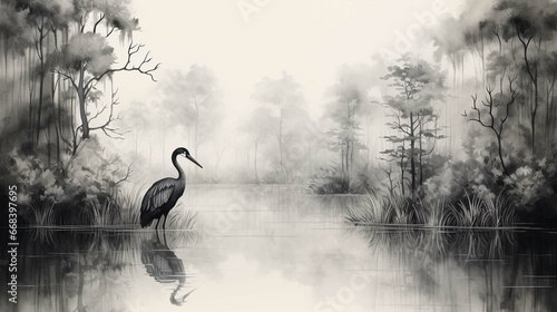drawing wallpaper of a landscape of heron birds in the middle of the forest lake in ink style 