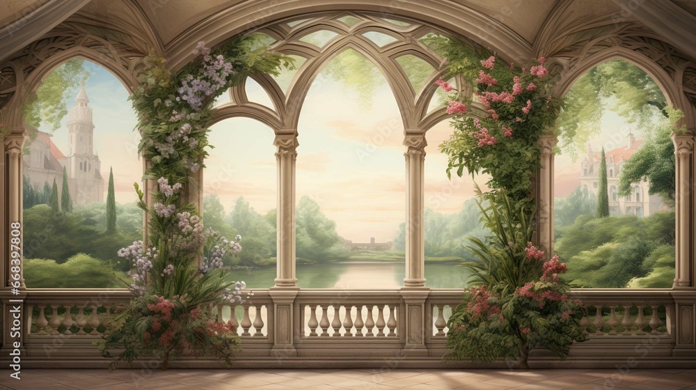 Obraz na płótnie Wallpaper Classic drawing of a palace garden in the Baron style Stone arches overlooking the river and the nature with trees, flowers, birds in vintage  w salonie