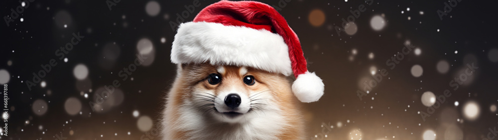 Christmas banner with cute dog in santa claus hat on festive background. New year postcard. Generative AI Christmas banner with cute dog in santa claus hat on festive background. New year postcard. Generative AI
