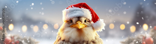 Christmas banner with cute bird in santa claus hat on festive background. New year postcard. Generative AI