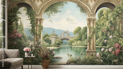 Wallpaper Classic drawing of a palace garden in the Baron style Stone arches overlooking the river and the nature with trees, flowers, birds in vintage 