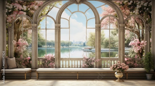 Wallpaper Classic drawing of a palace garden in the Baron style Stone arches overlooking the river and the nature with trees  flowers  birds in vintage 