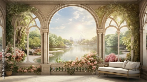 Wallpaper Classic drawing of a palace garden in the Baron style Stone arches overlooking the river and the nature with trees, flowers, birds in vintage  photo