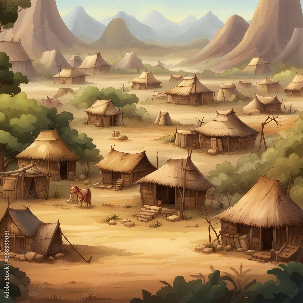 background illustration of inland tribal settlements - obrazy, fototapety, plakaty 