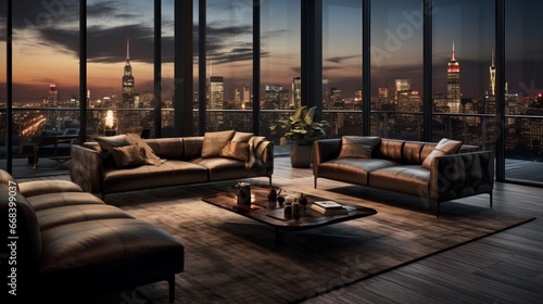 an image of a modern penthouse with floor-to-ceiling windows, showcasing a sleek leather sofa with a cityscape view © Muslim