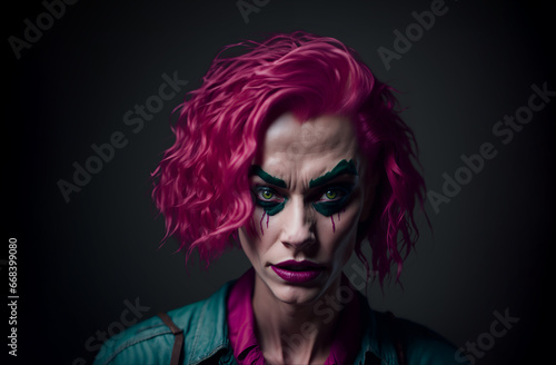 Portrait of a sensual but scary female clown with pink hair