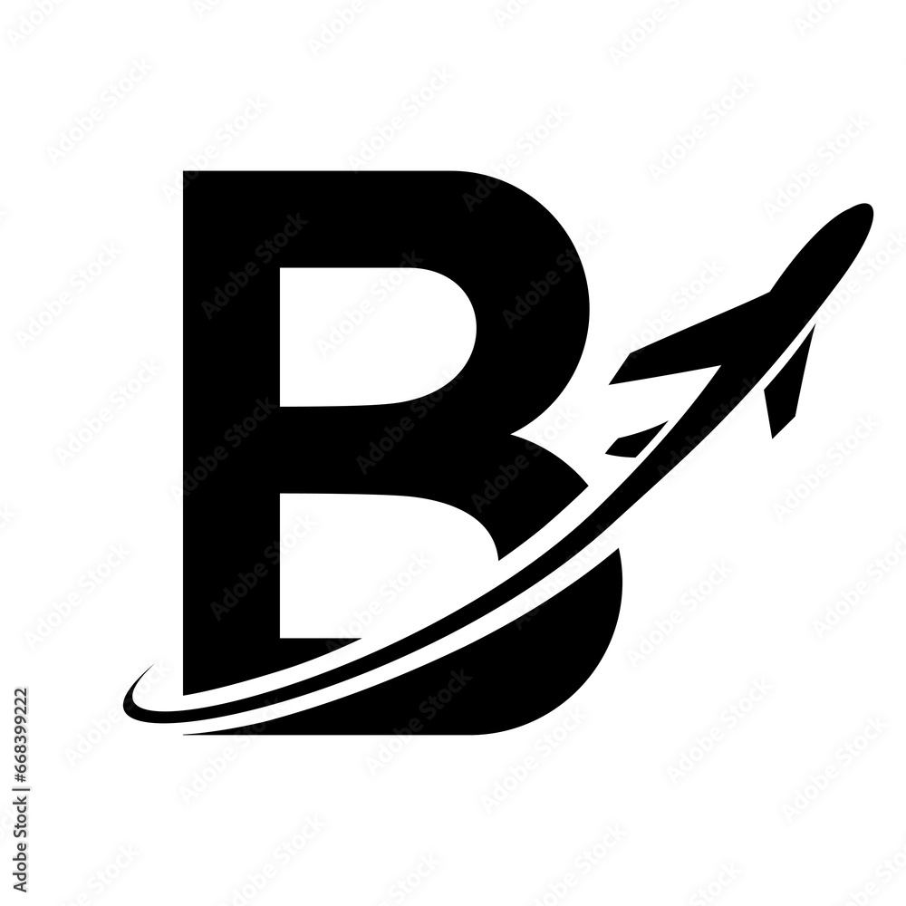 Black Uppercase Letter B Icon with an Airplane Black Uppercase Letter B Icon with an Airplane