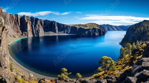 an image of a remote volcanic crater lake  with deep blue waters encircled by dramatic  rugged cliffs
