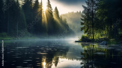 an image of a serene lake surrounded by a misty forest, with the early morning light diffusing through the trees