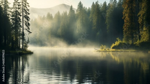 an image of a serene lake surrounded by a misty forest  with the early morning light diffusing through the trees