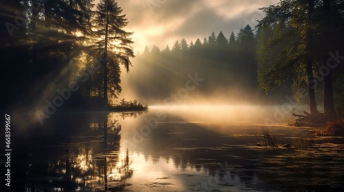 an image of a serene lake surrounded by a misty forest, with the early morning light diffusing through the trees