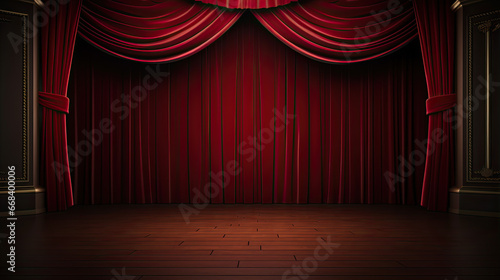 Theater stage with black red velvet curtainsEmpty 3d room background illustration - Theater stage with black red velvet curtains