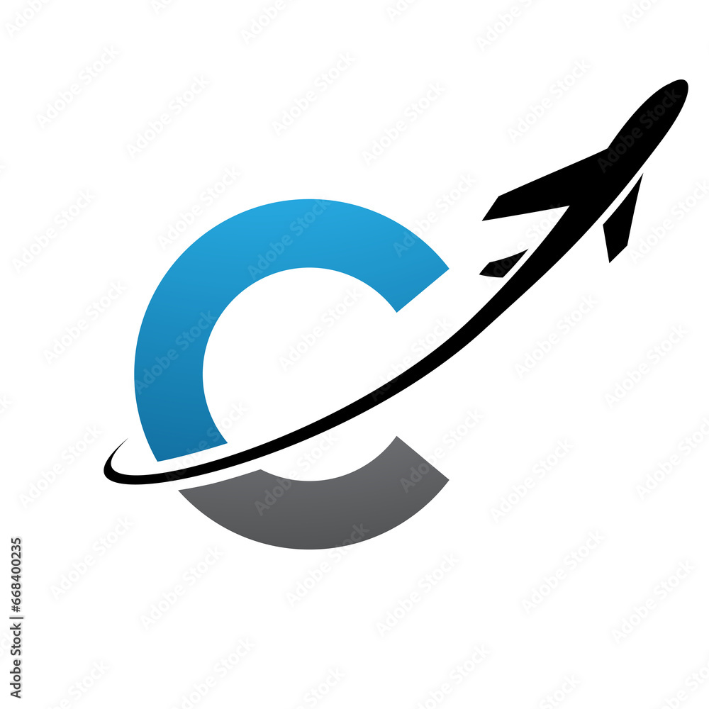 Blue and Black Lowercase Letter C Icon with an Airplane Blue and Black Lowercase Letter C Icon with an Airplane