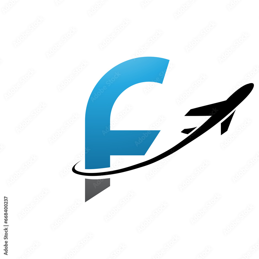 Blue and Black Lowercase Letter F Icon with an Airplane Blue and Black Lowercase Letter F Icon with an Airplane