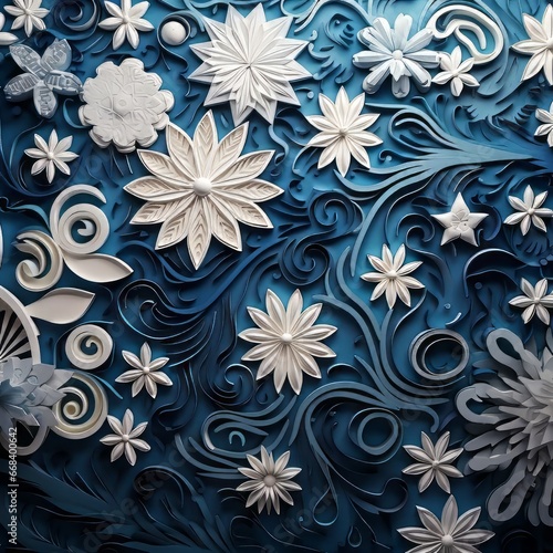 A close up of a blue and white wall with flowers