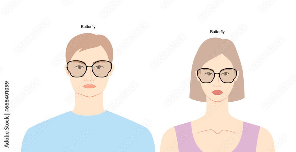 Butterfly frame glasses on women and men flat character fashion accessory illustration. Sunglass front view unisex silhouette style, rim spectacles eyeglasses, lens sketch outline isolated on white Butterfly frame glasses on women and men flat character fashion accessory illustration. Sunglass front view unisex silhouette style, rim spectacles eyeglasses, lens sketch outline isolated on white