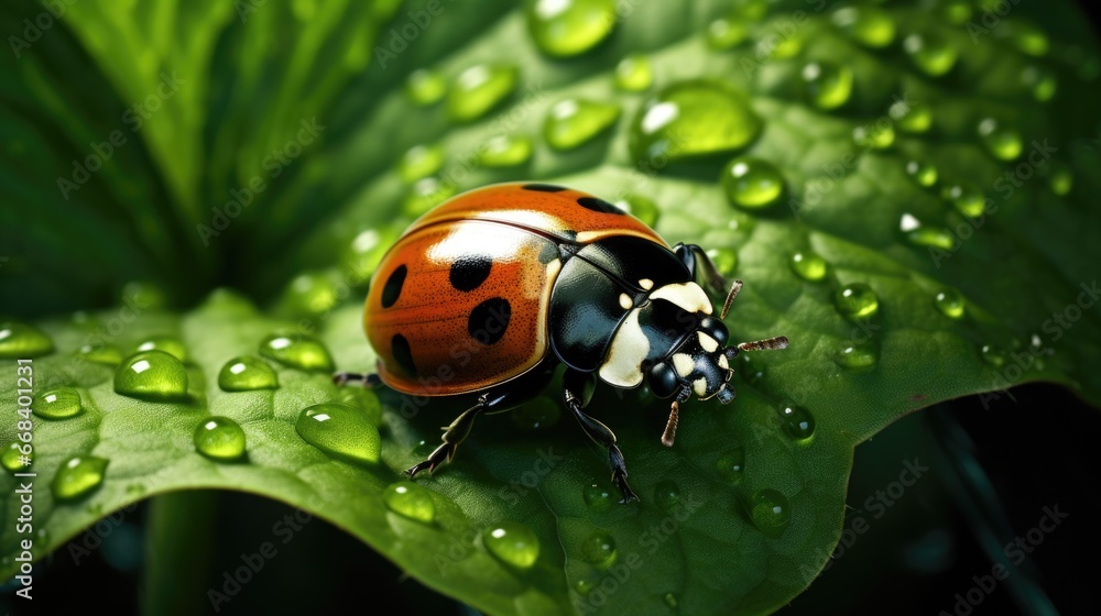 A lady bug sitting on top of a green leaf. A lady bug sitting on top of a green leaf.