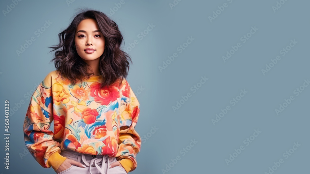 An Asian woman wearing floral sweatshirt isolated on pastel background An Asian woman wearing floral sweatshirt isolated on pastel background