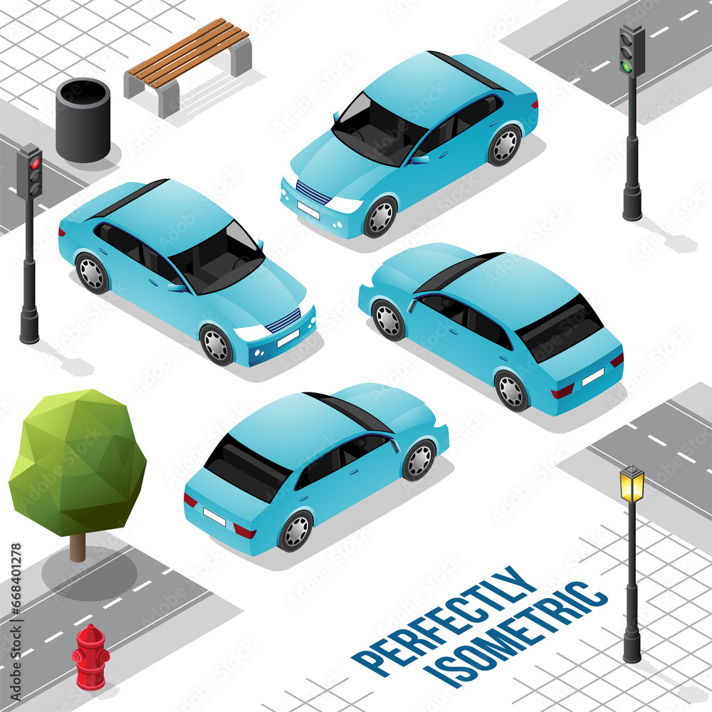 Fototapeta premium Blue Isometric Long Car from Front Back Right and Left