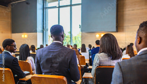business people or students are watching a presentation or attend a training or seminar in a lecture hall or auditorium conference hall full of people participating in the business training