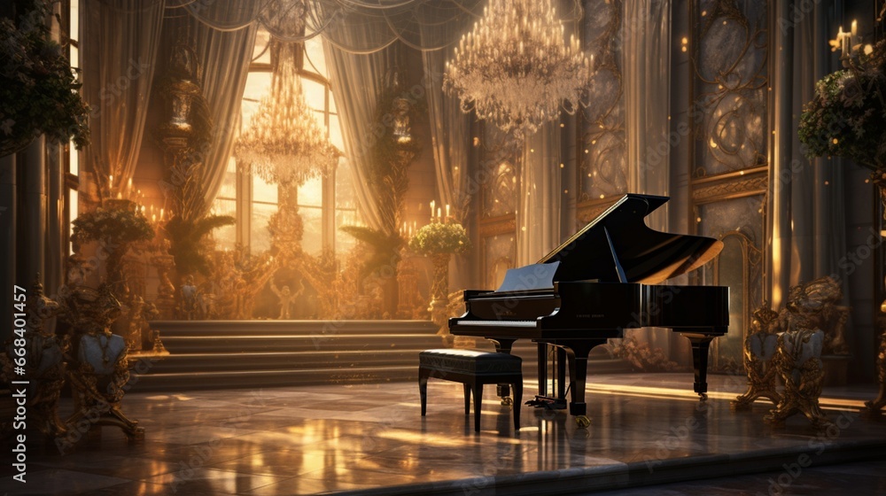 captivating scene of a grand piano in a candlelit, opulent ballroom, with its glossy finish gleaming under the soft, golden glow of chandeliers - obrazy, fototapety, plakaty 
