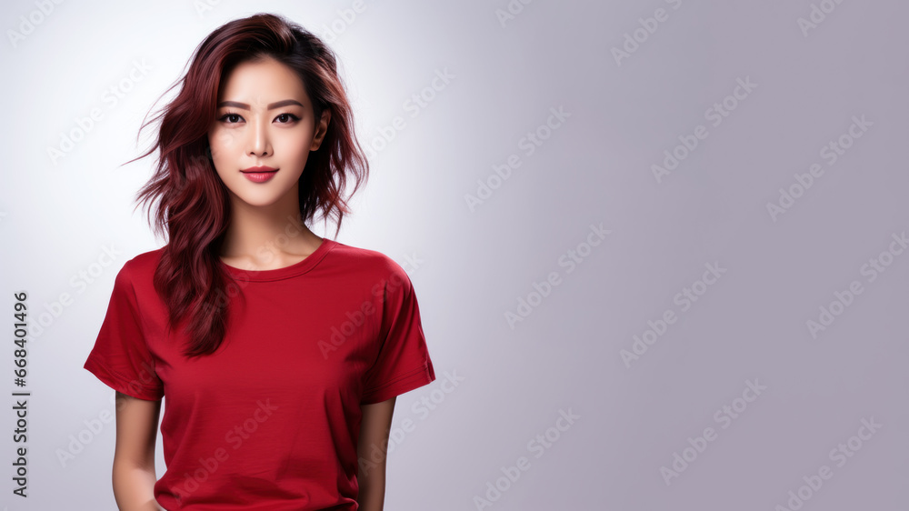Asian woman wearing red t-shirt isolated on gray background Asian woman wearing red t-shirt isolated on gray background
