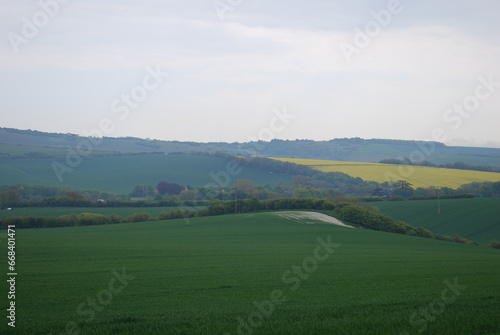 Overcast Sky Stormy Grey Clouds English British Rolling Lush Green Hill Countryside Fields & Farmland Travel Photography Landscape Vista Bright Shades & Tones of Green & Yellow