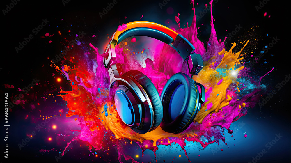 Headphones over Neon splashing wih vibrant colours, dynamic music blaster - obrazy, fototapety, plakaty 