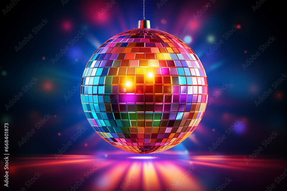 Obraz premium Discokugel mit Discolichtern und Lichteffekten in Neonfarben und mit Platz für Text. Querformat. Generative Ai. 