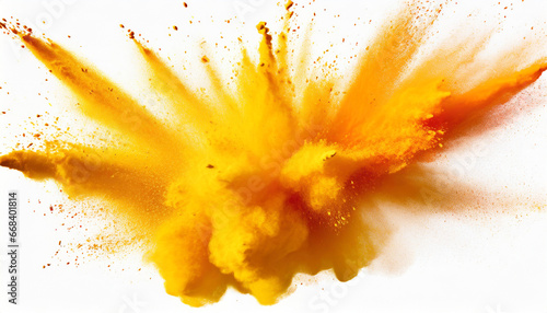 bright yellow orange holi paint color powder festival explosion burst isolated white background industrial print concept background photo