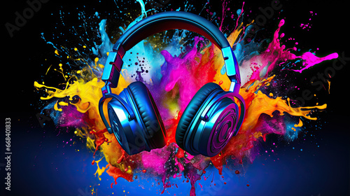Headphones over Neon splashing wih vibrant colours, dynamic music blaster photo