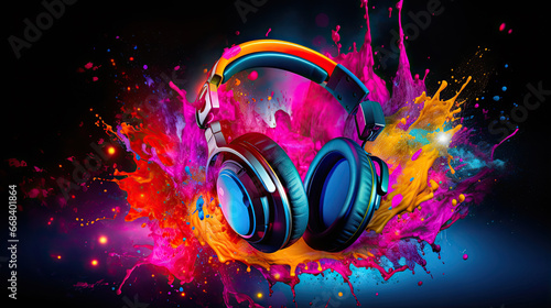 Headphones over Neon splashing wih vibrant colours, dynamic music blaster photo