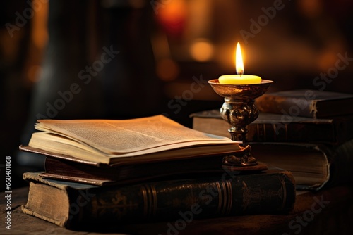 A lit candle sitting on top of a stack of books.