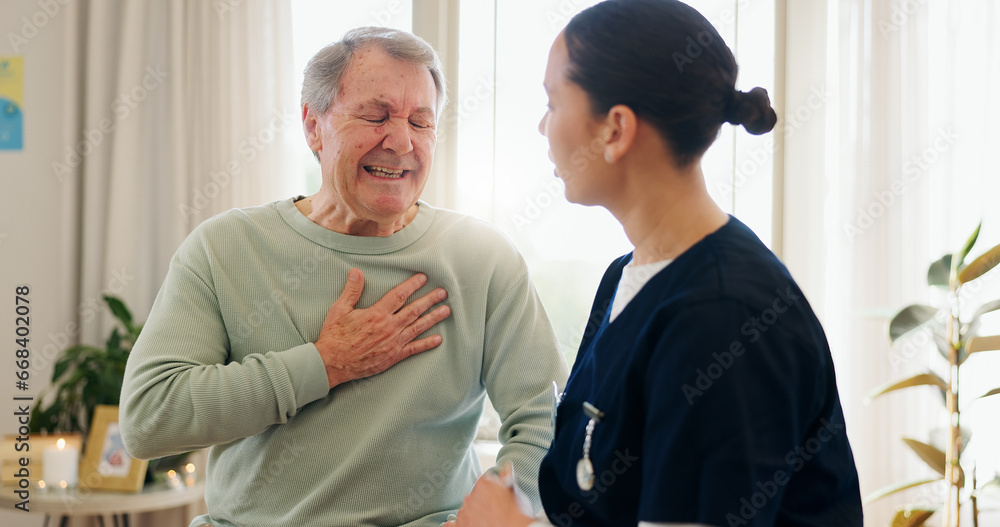 Obraz premium Senior man, nurse and consulting on chest pain, heart problem or cardiovascular lung crisis. Healthcare consultation, medical service and caregiver helping elderly patient sick with hypertension