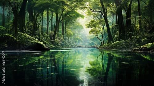 Picture a mirrored lake reflecting a lush  emerald forest  where every leaf and tree is captured in perfect detail
