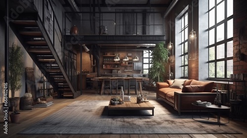Room in loft style. Living room loft in industrial style  3d render. Real estate concept.