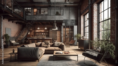 Room in loft style. Living room loft in industrial style, 3d render. Real estate concept. © IC Production