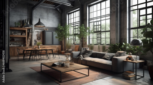 Room in loft style. Living room loft in industrial style, 3d render. Real estate concept.